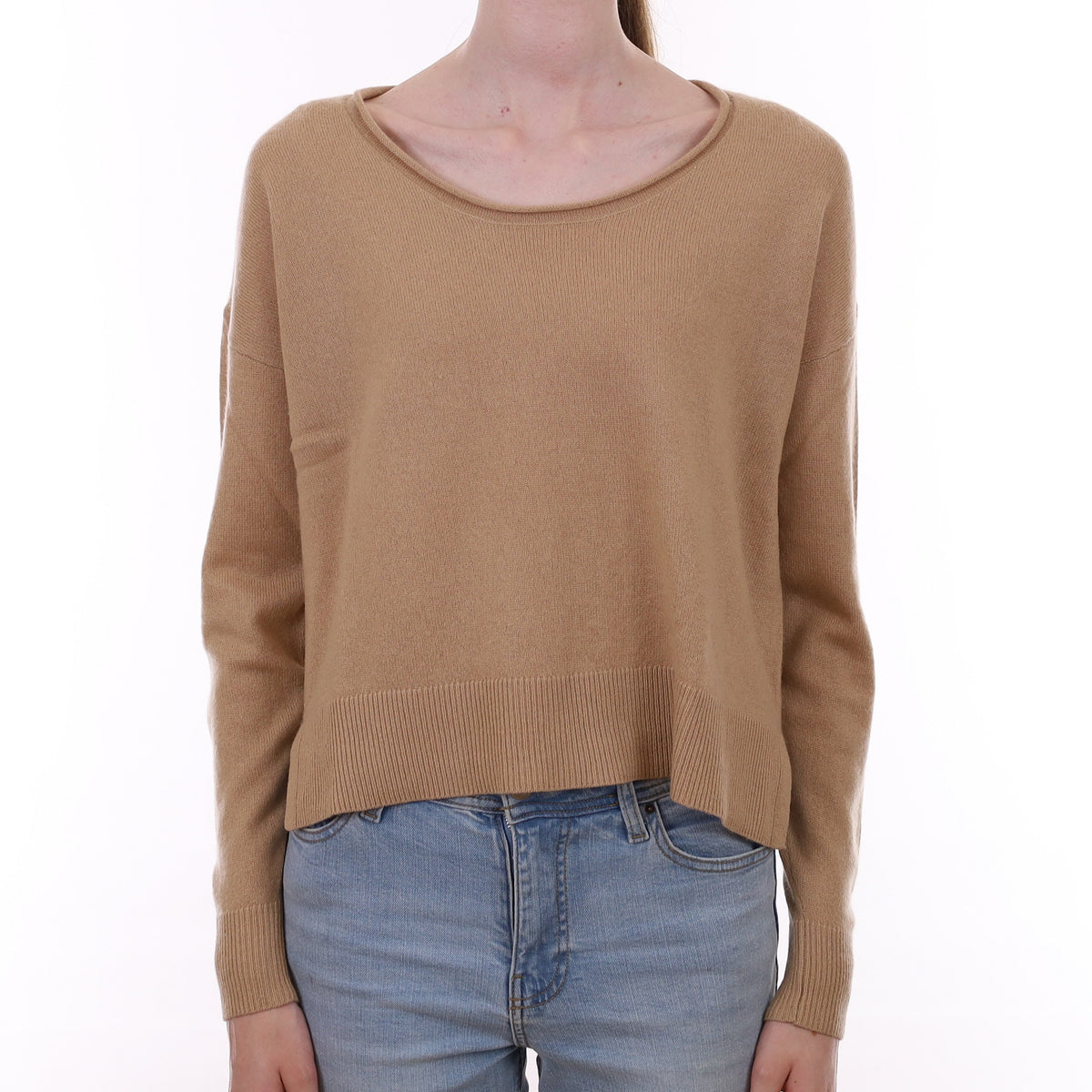 Camel Brown Cashmere Boxy Scoop Neck Jumper Extra Small
