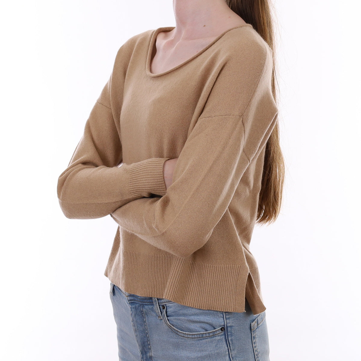 Camel Brown Cashmere Boxy Scoop Neck Jumper Extra Small