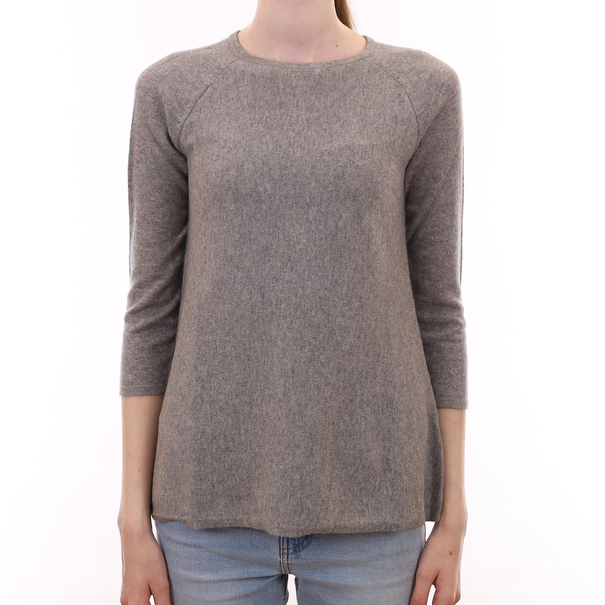 Smoke Grey Cashmere 3/4 Sleeved A-Line Crew Neck Jumper Extra Small