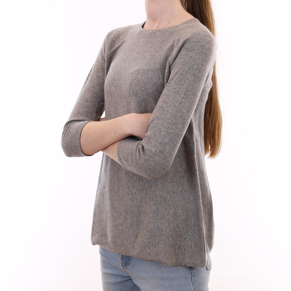 Smoke Grey Cashmere 3/4 Sleeved A-Line Crew Neck Jumper Extra Small