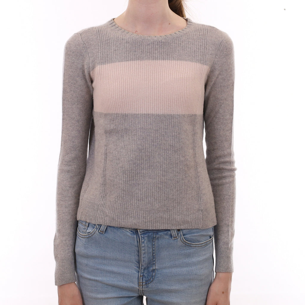 Grey and Ice Pink Cashmere Crew Neck Jumper Extra Small