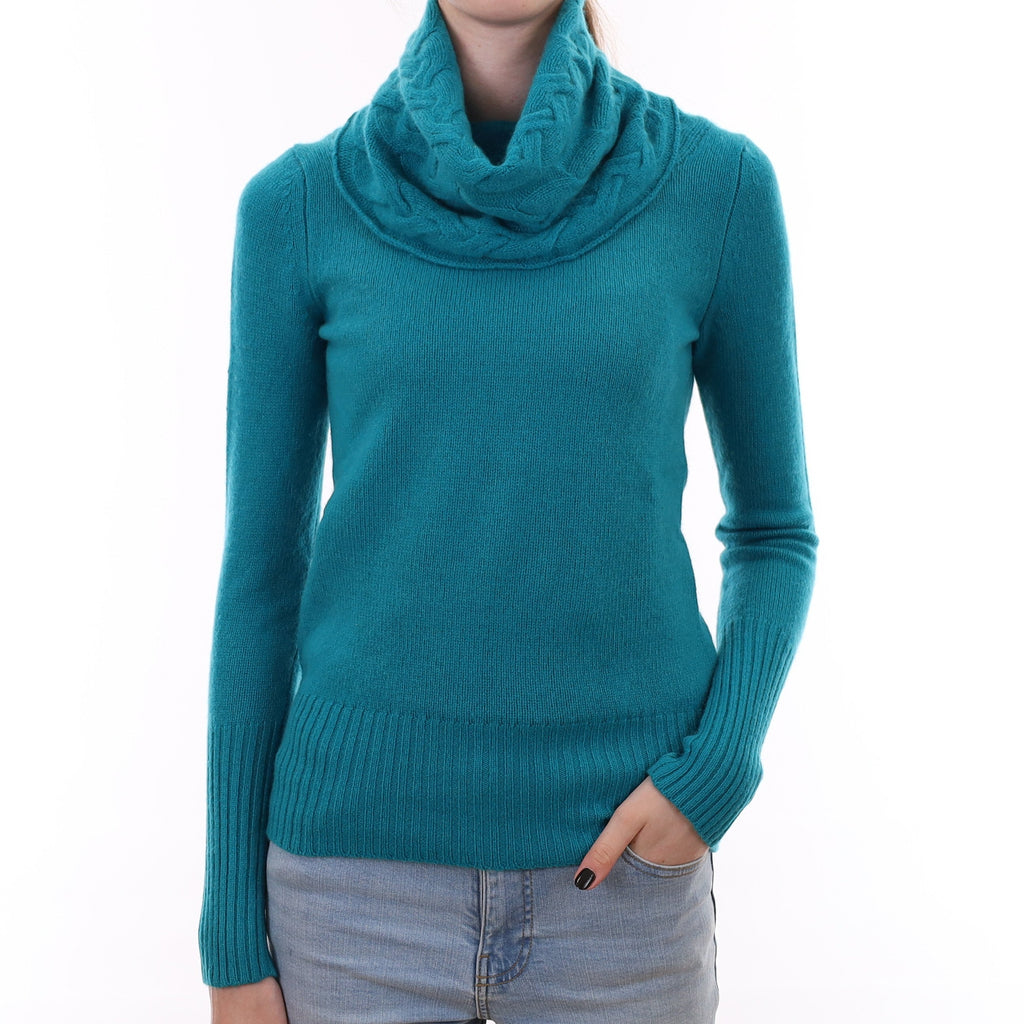 Turquoise Blue Chunky Cashmere Cowl Neck Jumper Extra Small