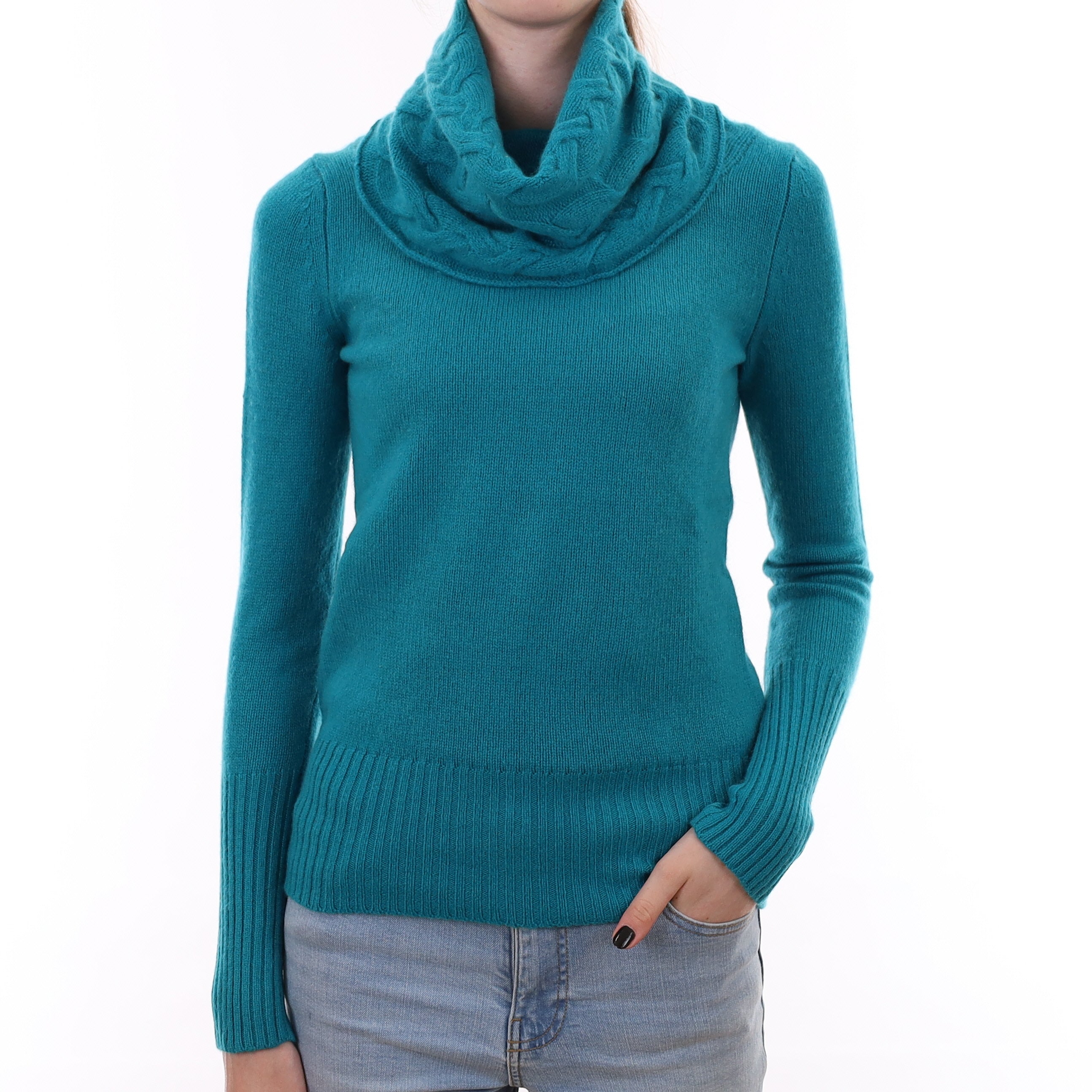 Turquoise Blue Chunky Cashmere Cowl Neck Jumper Extra Small