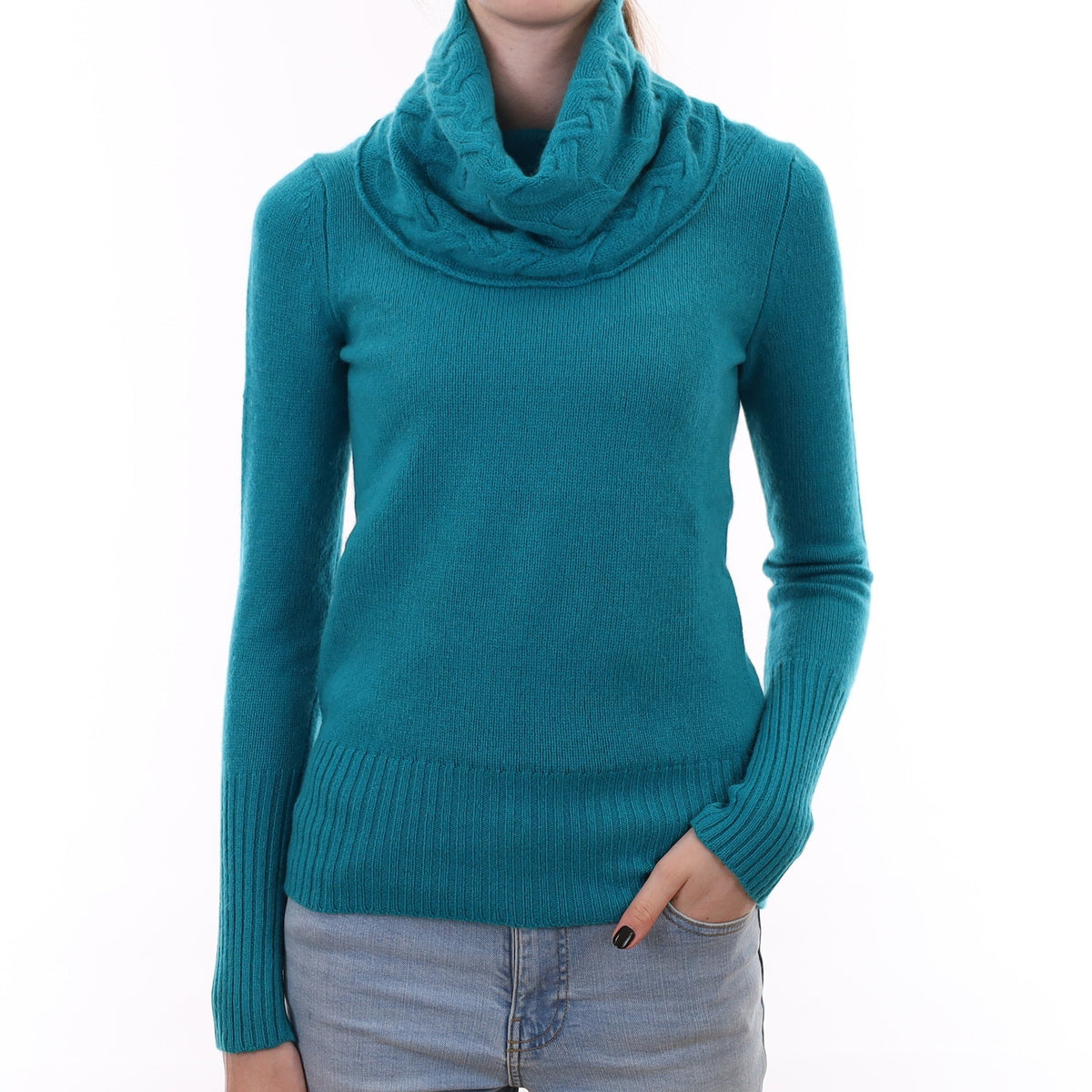 Turquoise Blue Chunky Cashmere Cowl Neck Jumper Extra Small