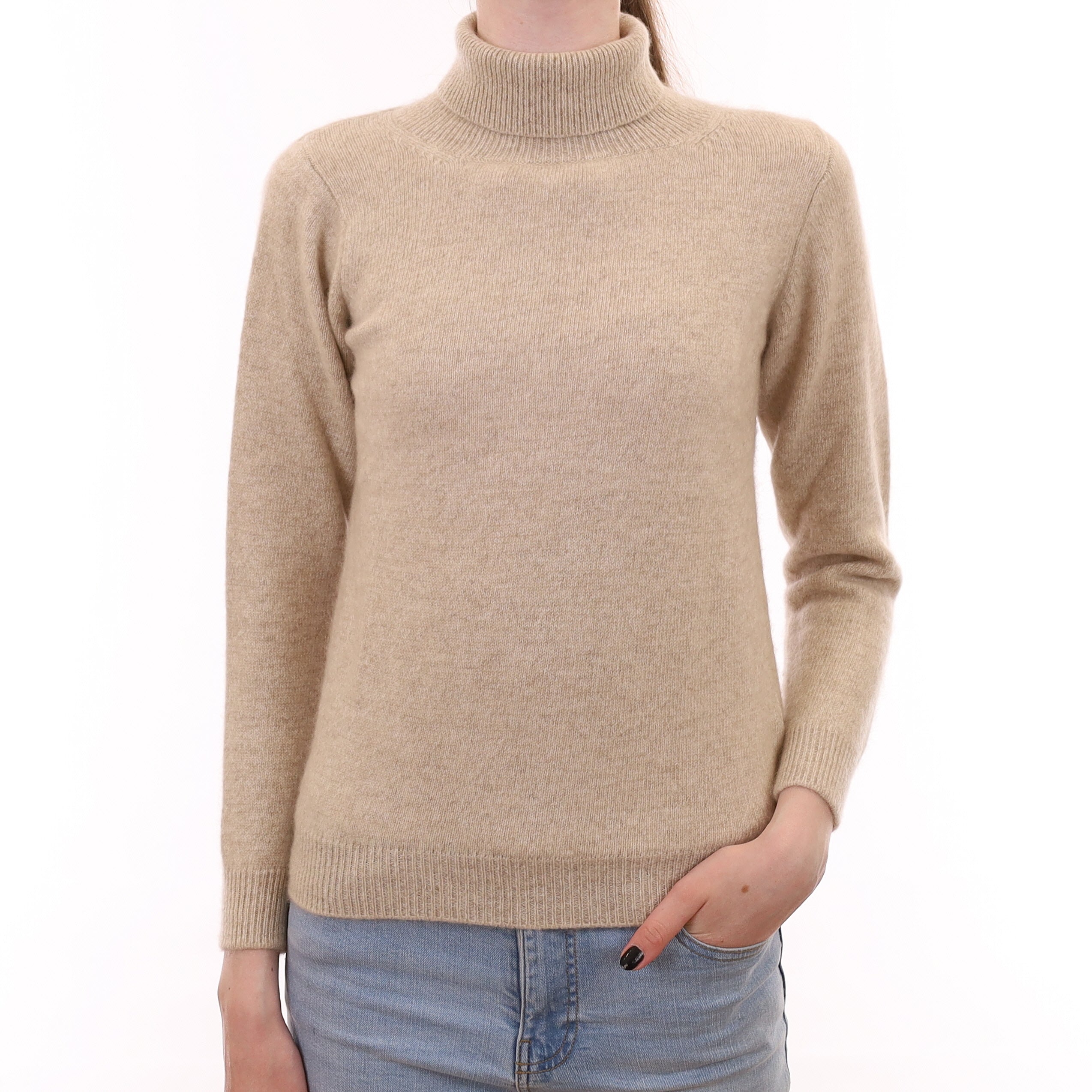 Oatmeal Marl Heavy Knit Cashmere Polo Neck Jumper Extra Small