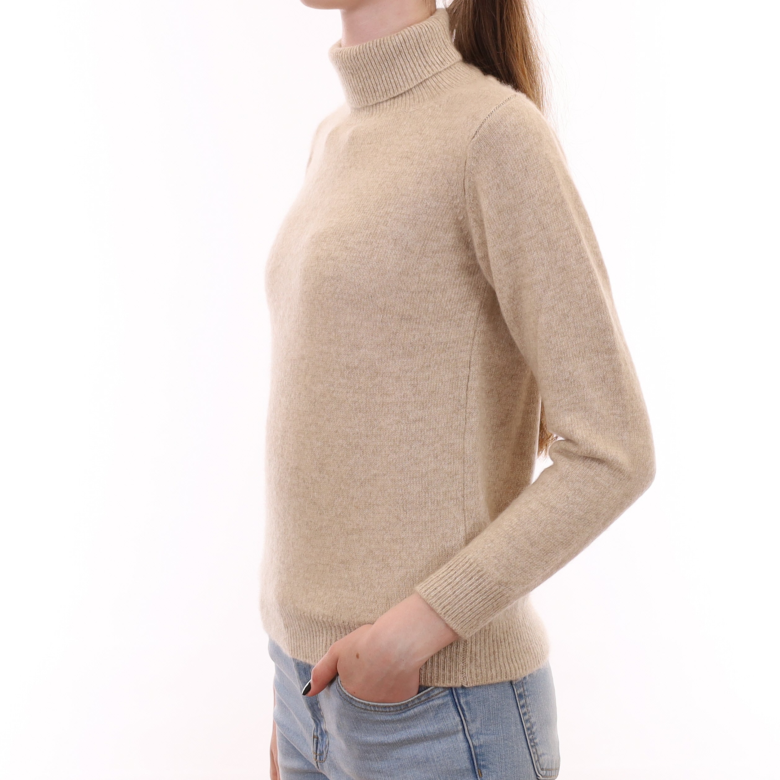 Oatmeal Marl Heavy Knit Cashmere Polo Neck Jumper Extra Small