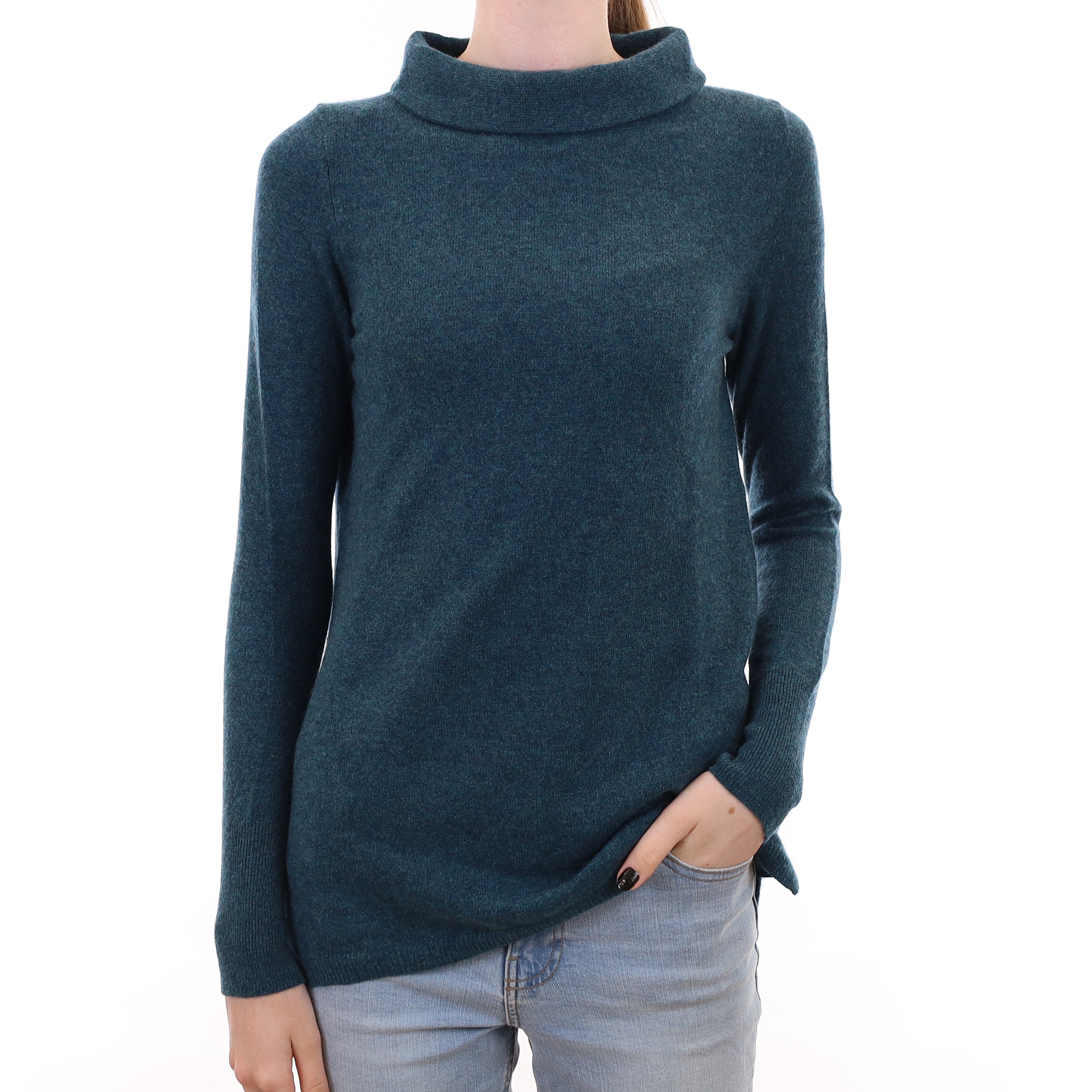 Teal Blue Marl Cashmere Funnel Neck Jumper Extra Small