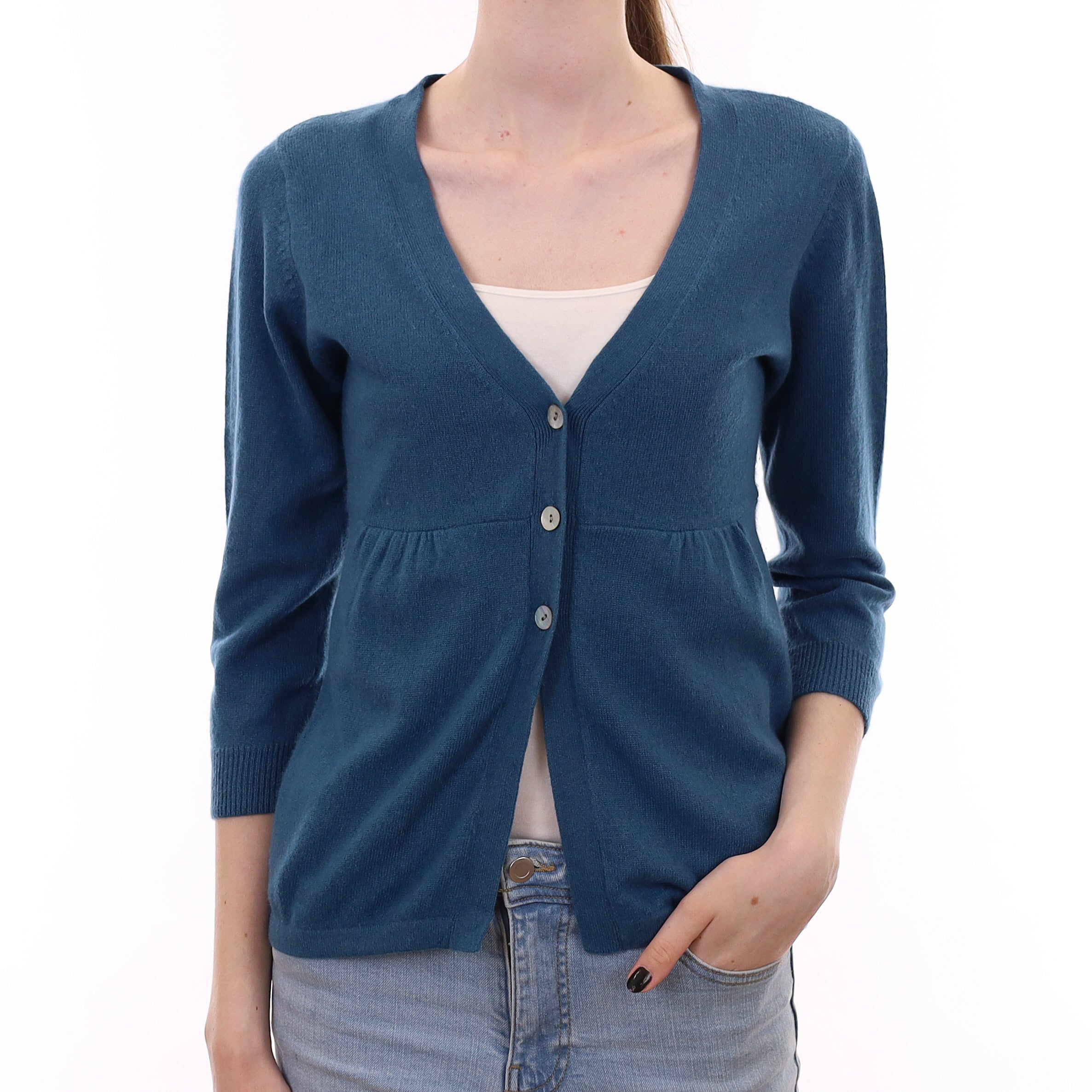 Ocean Blue Cashmere Empire Line V Neck Cardigan Extra Small