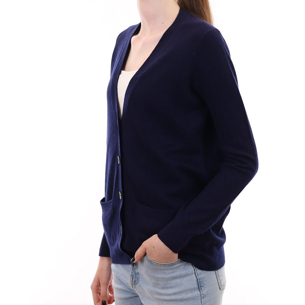 Navy Blue Cashmere V Neck Cardigan With Pockets Extra Small