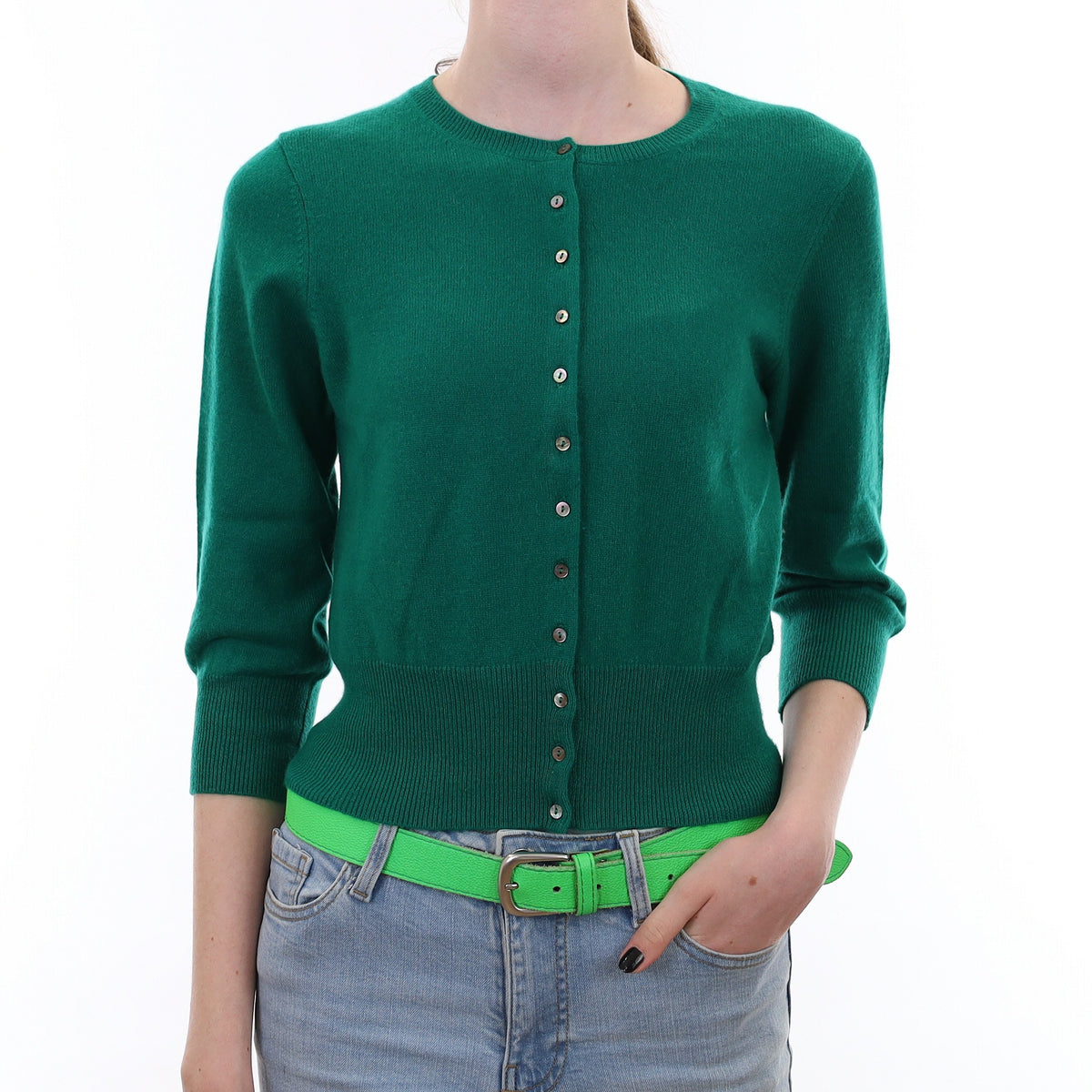 Emerald Green Cashmere 3/4 Sleeved Crew Neck Cardigan Extra Small