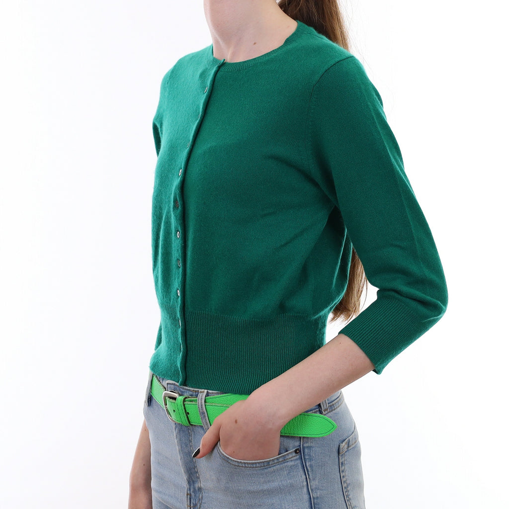 Emerald Green Cashmere 3/4 Sleeved Crew Neck Cardigan Extra Small