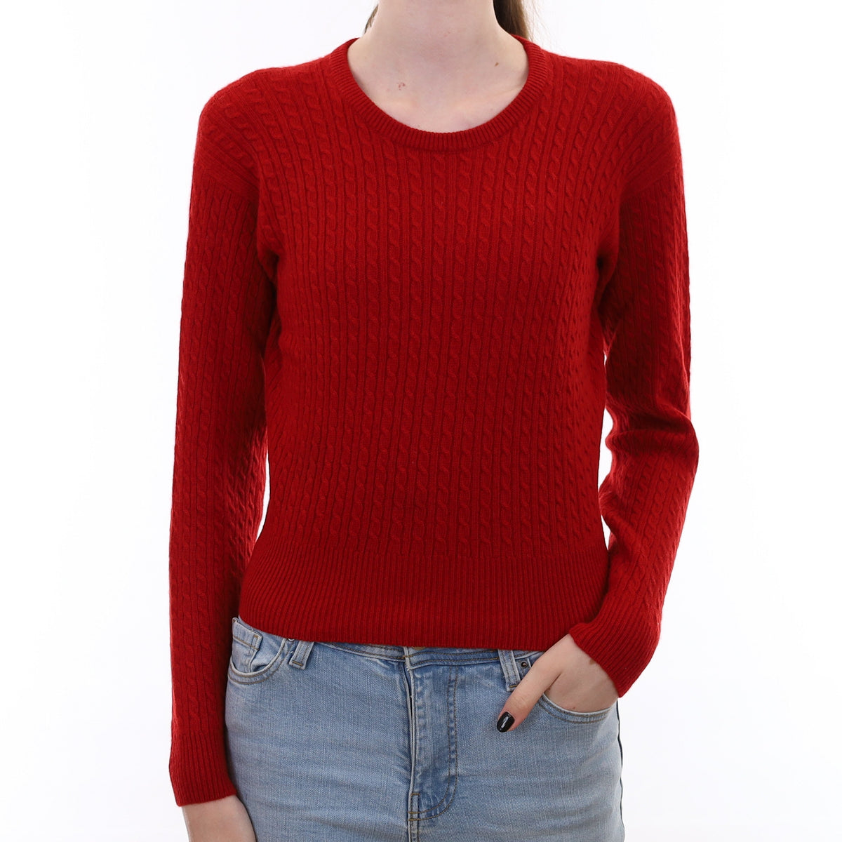 Scottish Berry Red Cable Cashmere Crew Neck Jumper Extra Small