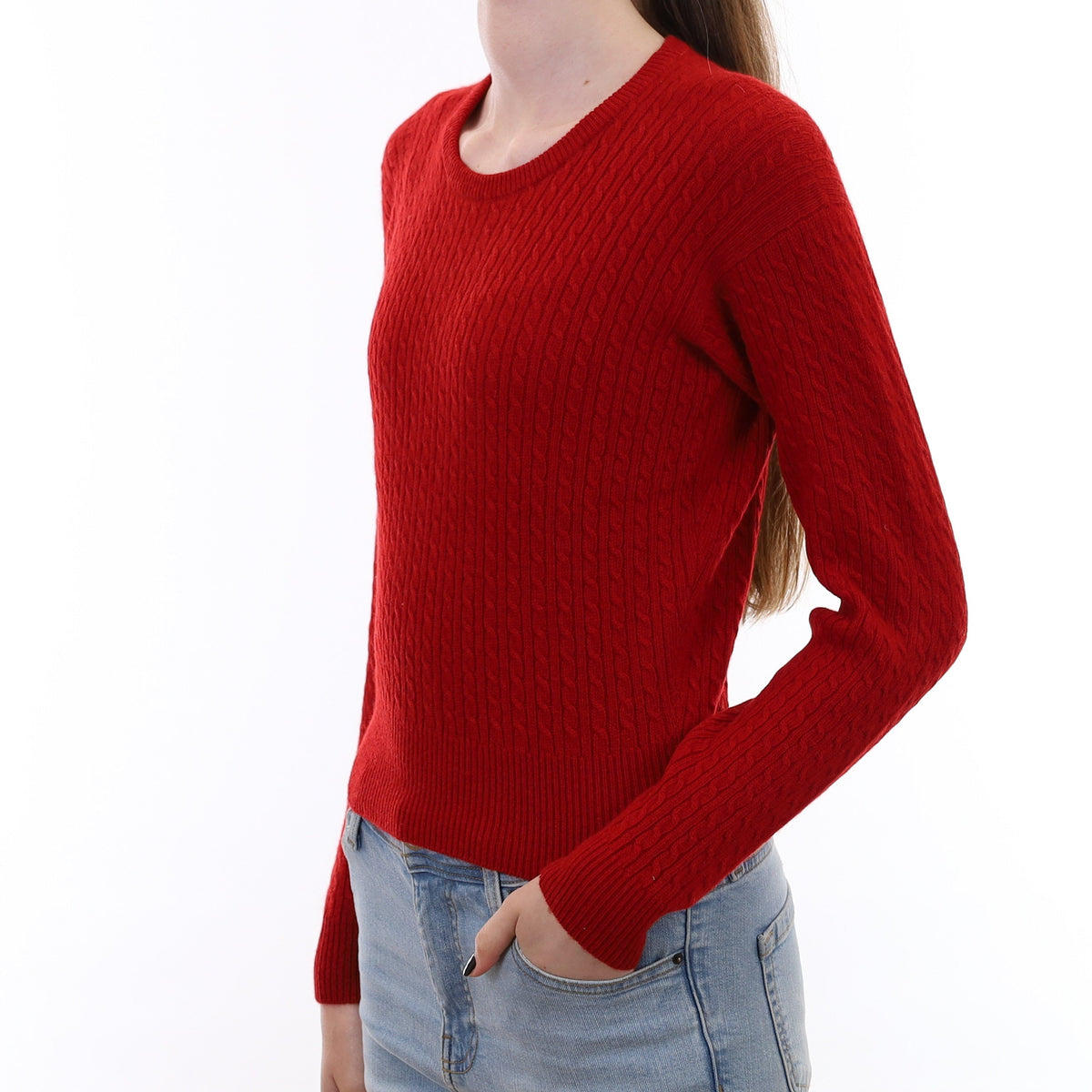 Scottish Berry Red Cable Cashmere Crew Neck Jumper Extra Small