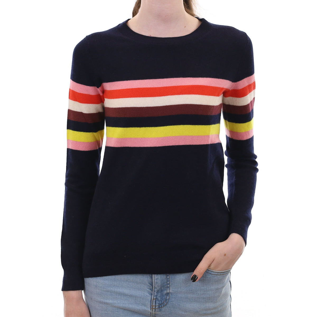 Navy Multi-Colour Stripe Cashmere Crew Neck Jumper Extra Small