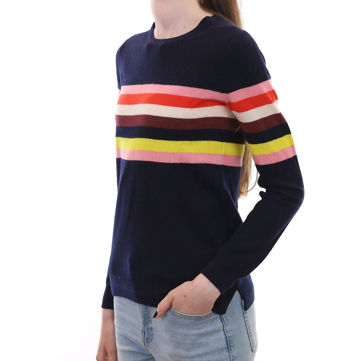 Navy Multi-Colour Stripe Cashmere Crew Neck Jumper Extra Small