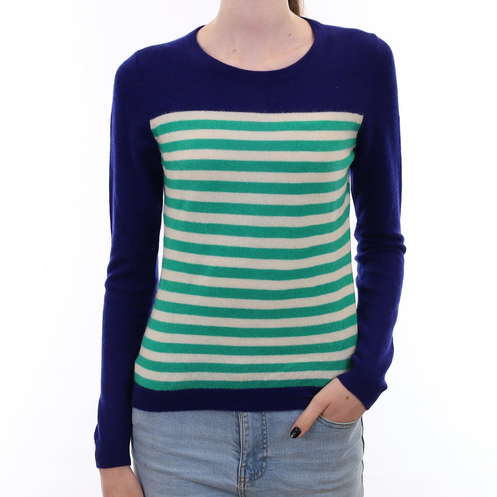 Blue and Green Stripe Cashmere Crew Neck Jumper Extra Small