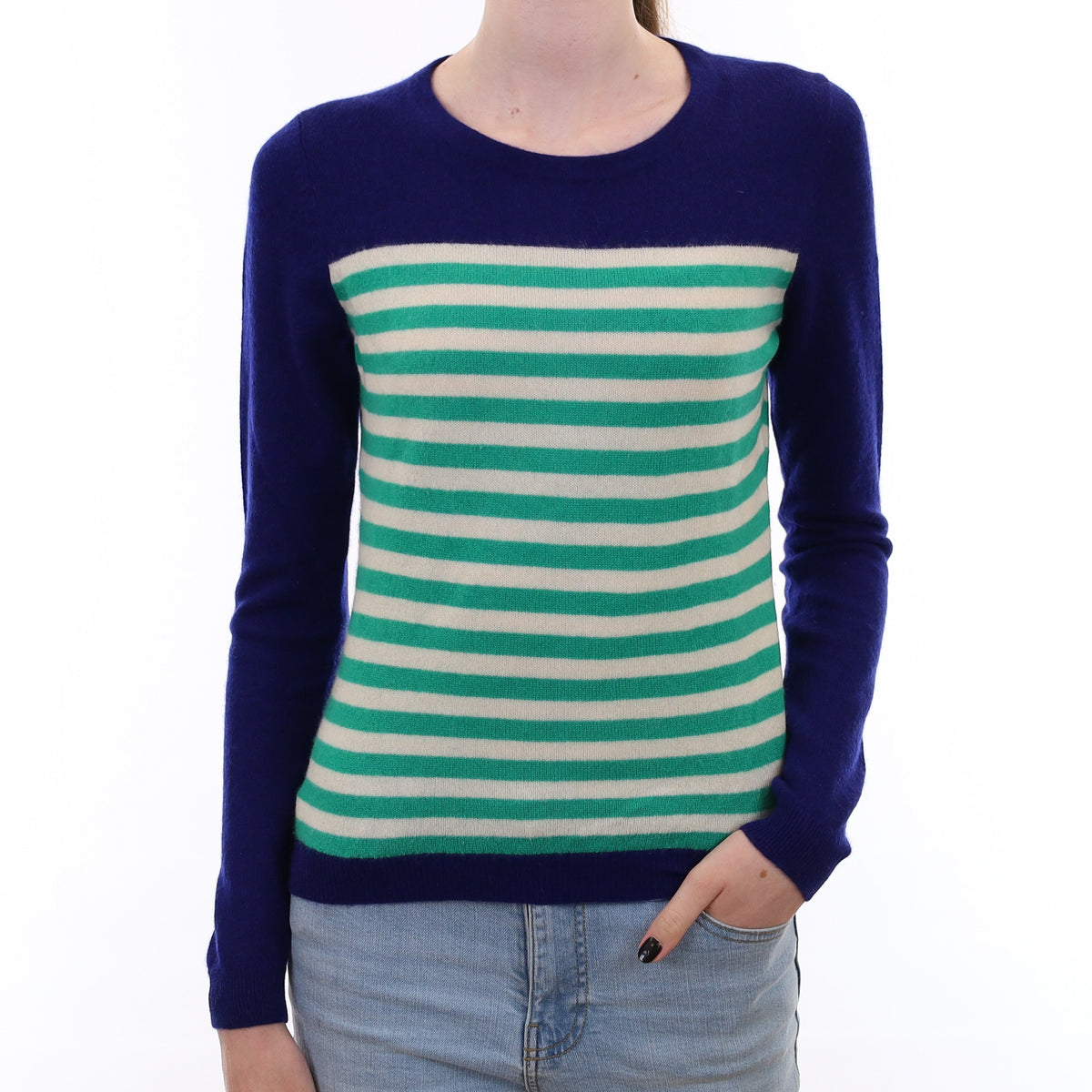 Blue and Green Stripe Cashmere Crew Neck Jumper Extra Small
