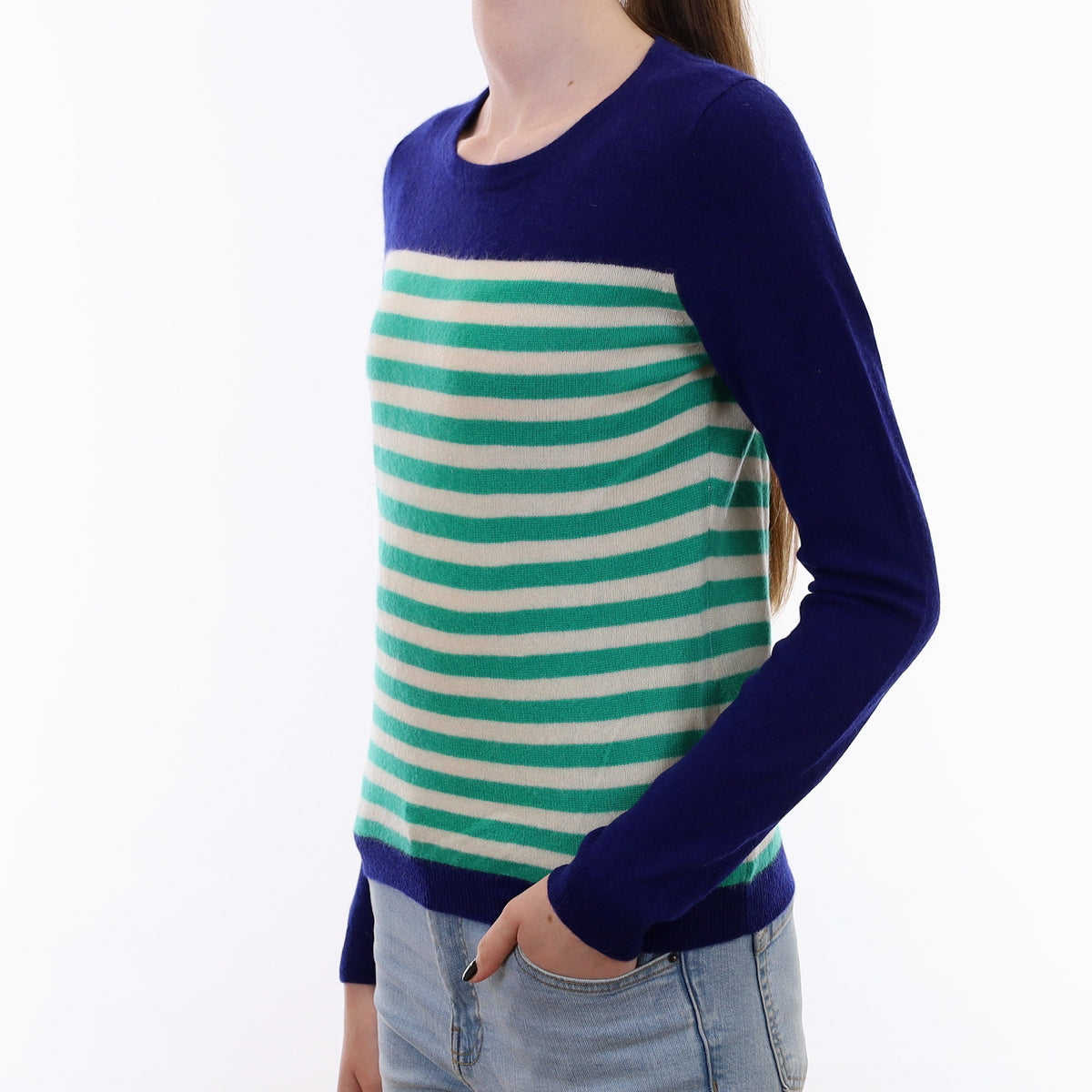 Blue and Green Stripe Cashmere Crew Neck Jumper Extra Small