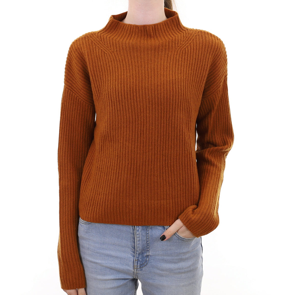 Rust Orange Chunky Rib Cashmere Funnel Neck Jumper Extra Small