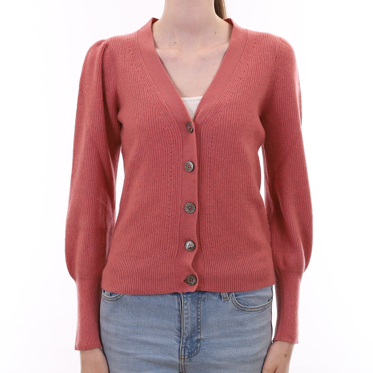Repeat Loganberry Pink Rib Cashmere V Neck Cardigan Extra Small