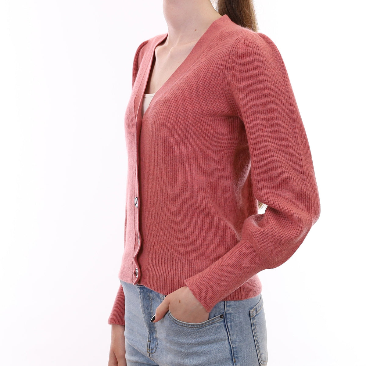 Repeat Loganberry Pink Rib Cashmere V Neck Cardigan Extra Small