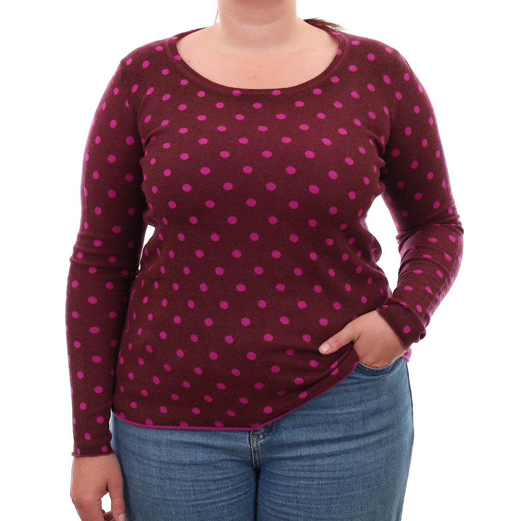 Burgundy Magenta Spotted Cashmere Crew Neck Jumper Large
