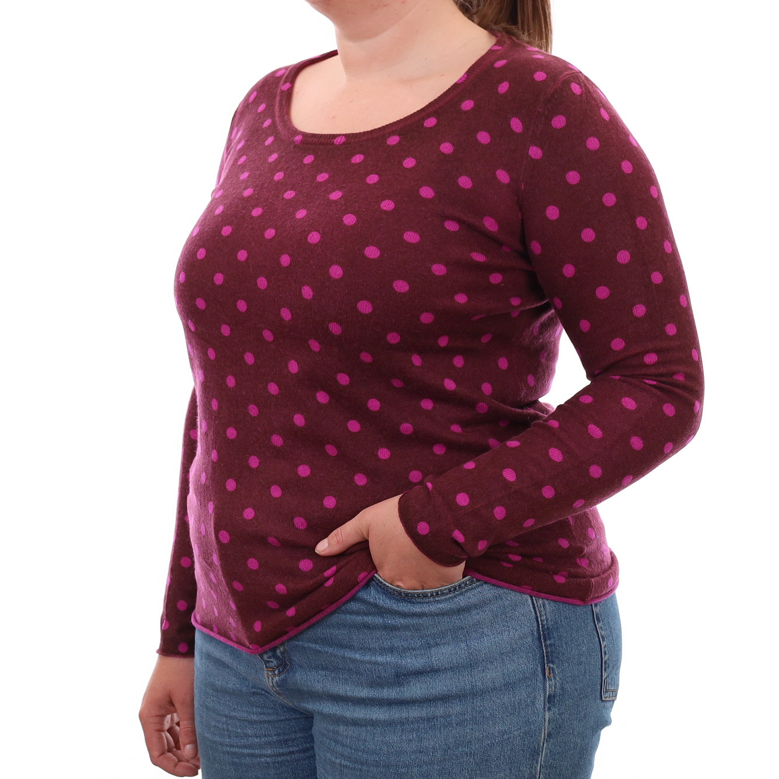 Burgundy Magenta Spotted Cashmere Crew Neck Jumper Large