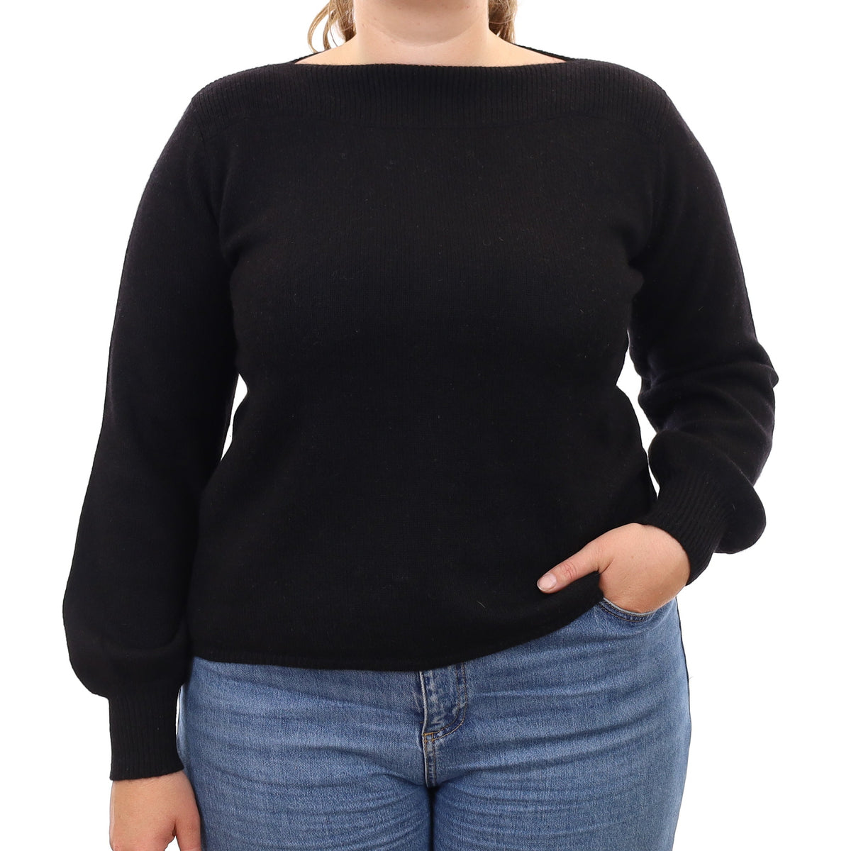 Black Heavy Knit Cashmere Slash Neck Jumper Large