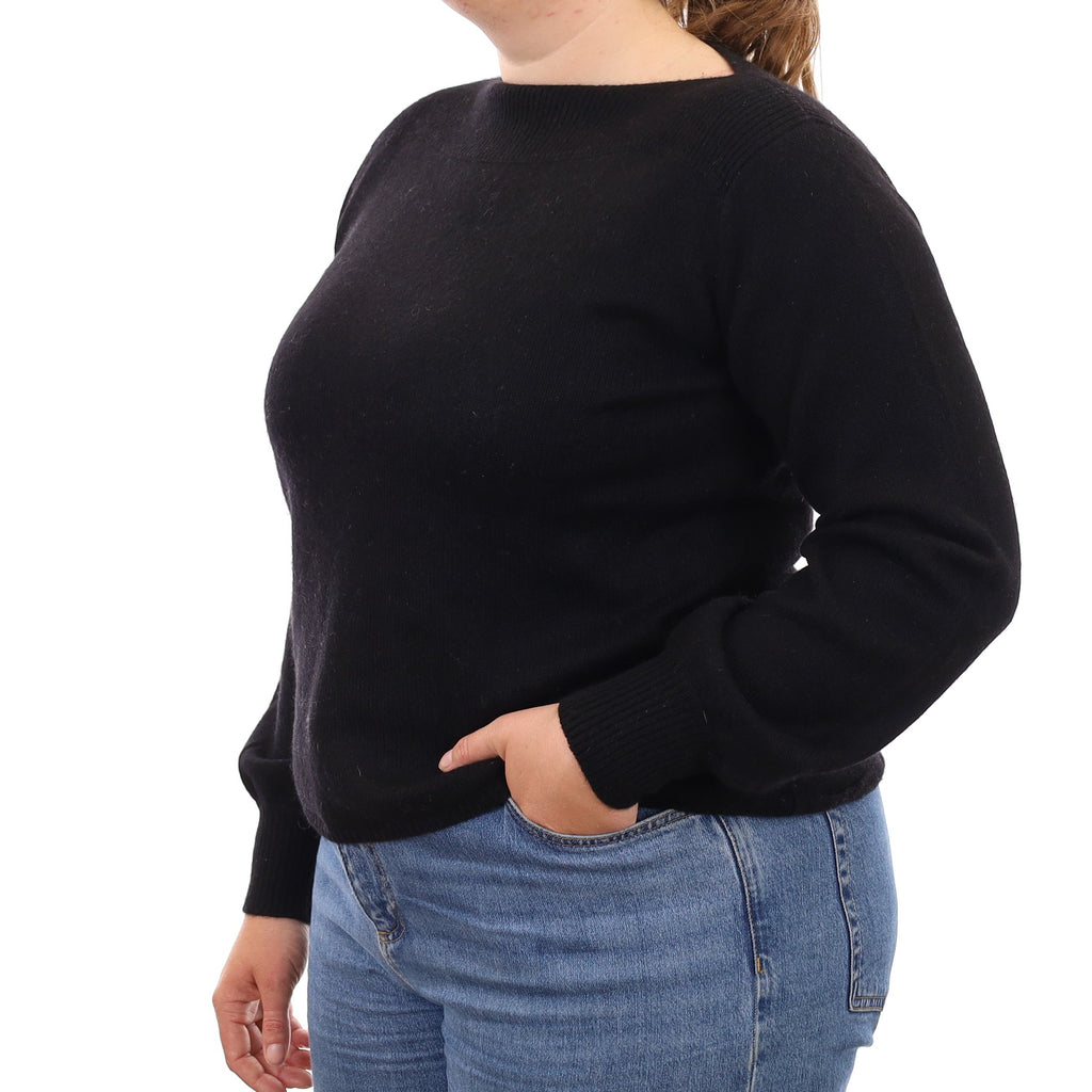Black Heavy Knit Cashmere Slash Neck Jumper Large