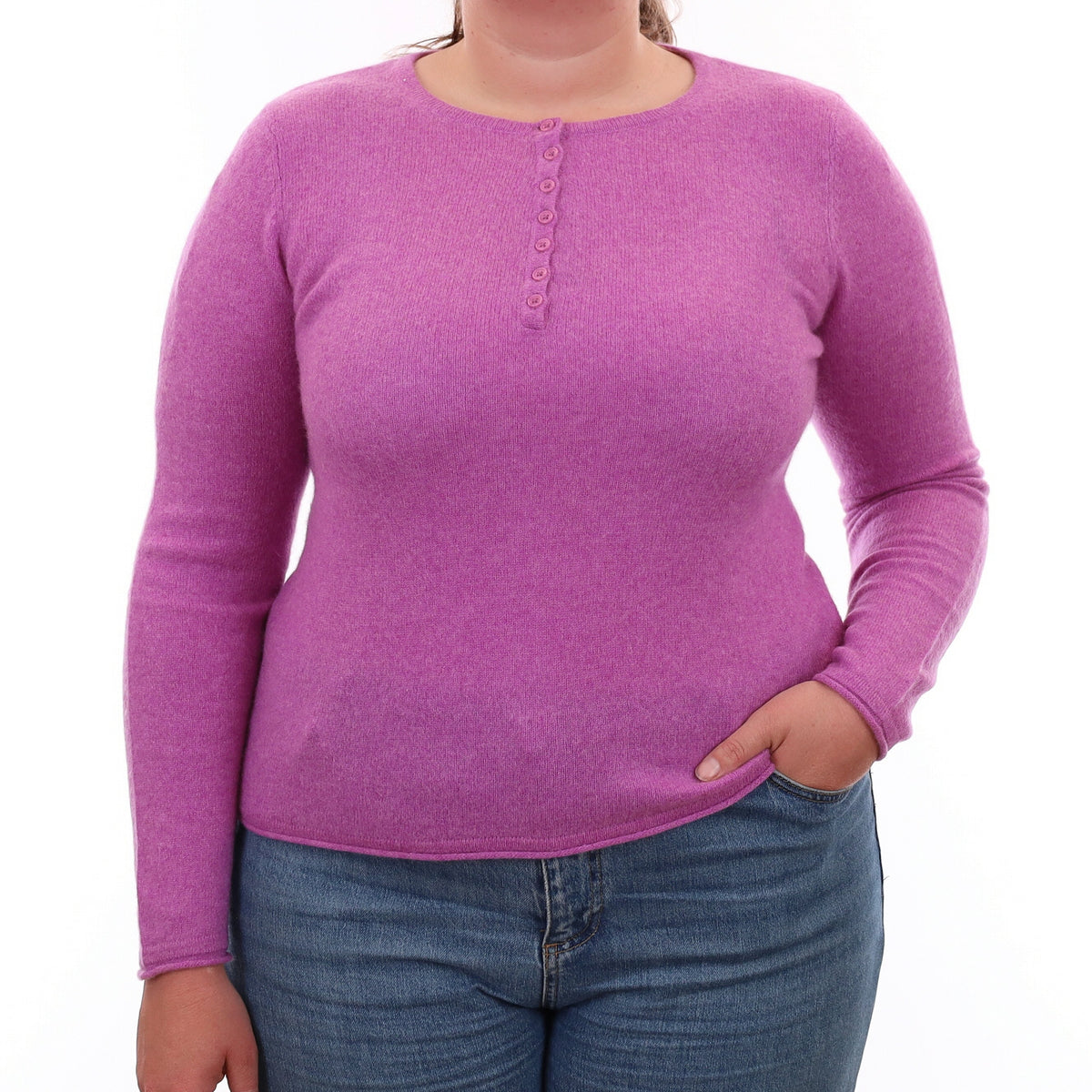 Loganberry Purple Cashmere Buttoned Crew Neck Jumper Large