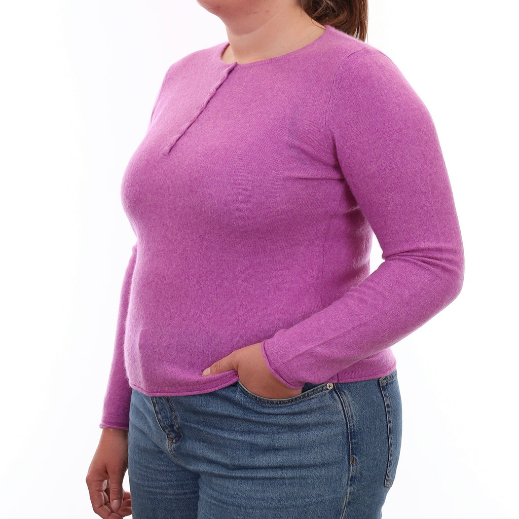 Loganberry Purple Cashmere Buttoned Crew Neck Jumper Large