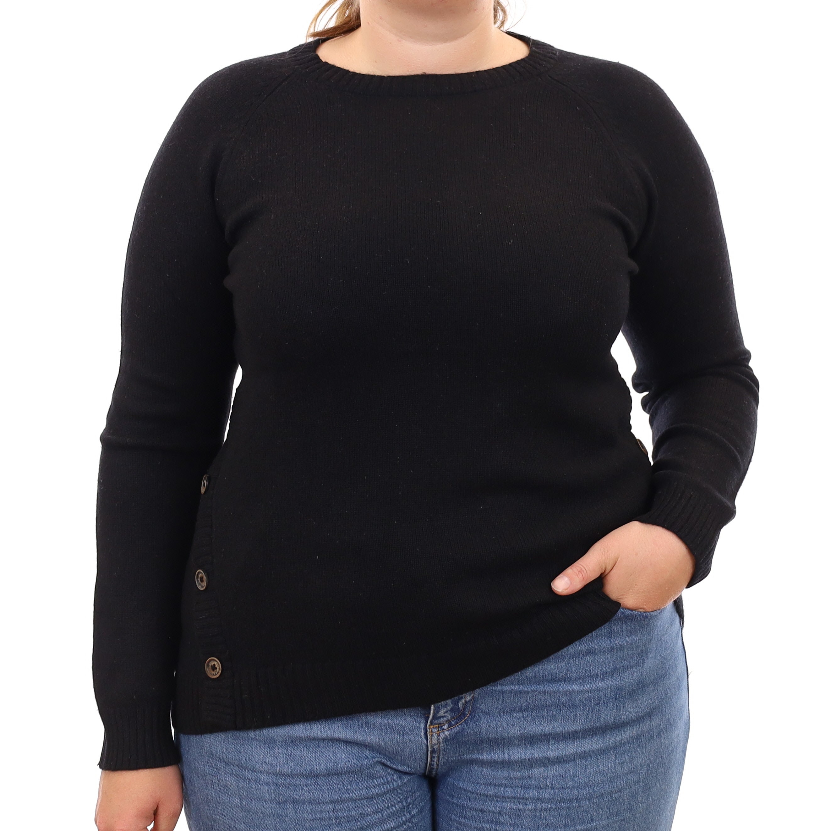 Black Heavy Knit Cashmere Button Detail Crew Neck Jumper Large