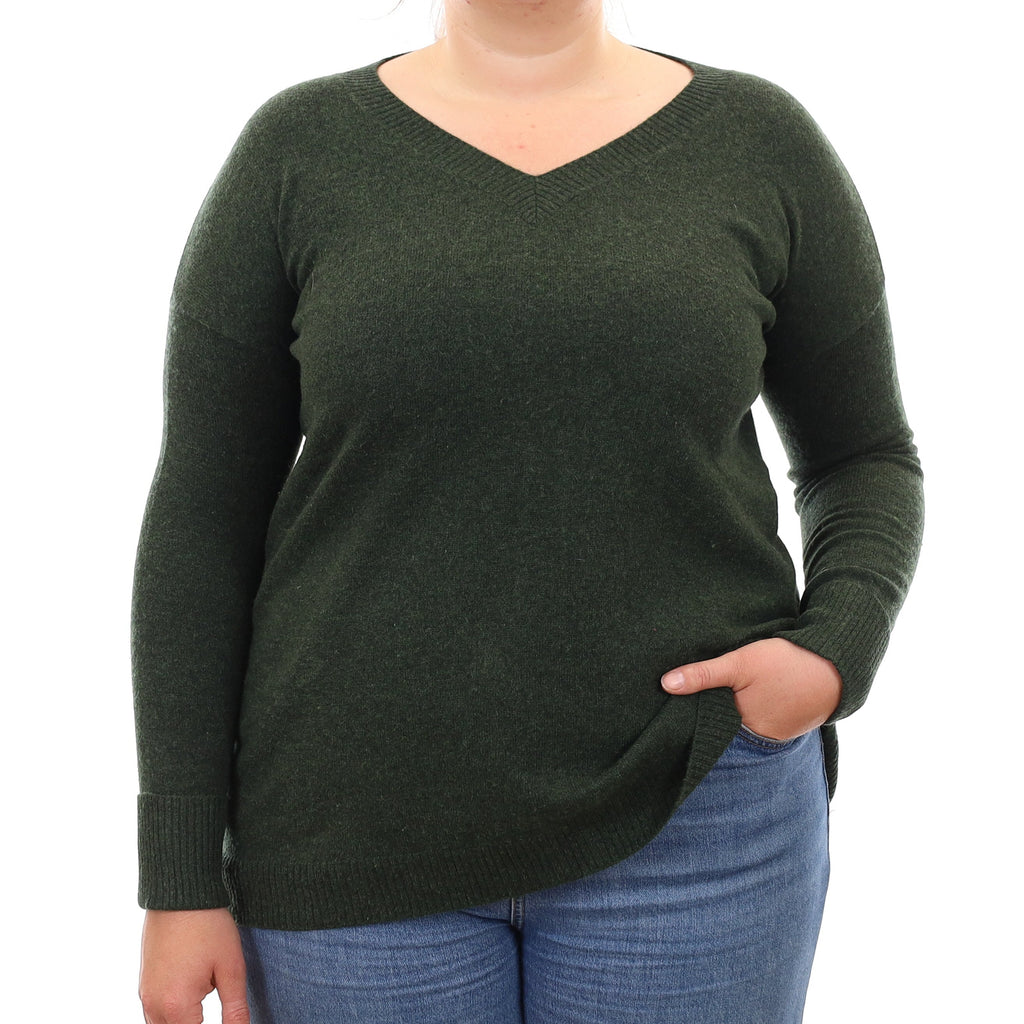 Deep Green Marl Cashmere V Neck Jumper Large
