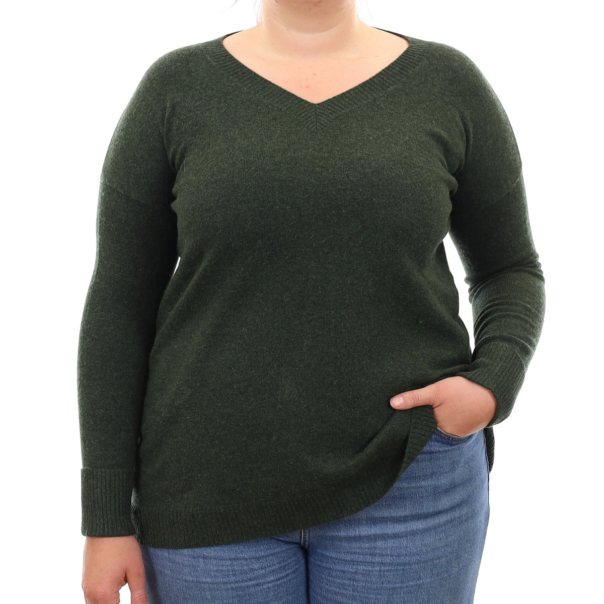 Deep Green Marl Cashmere V Neck Jumper Large