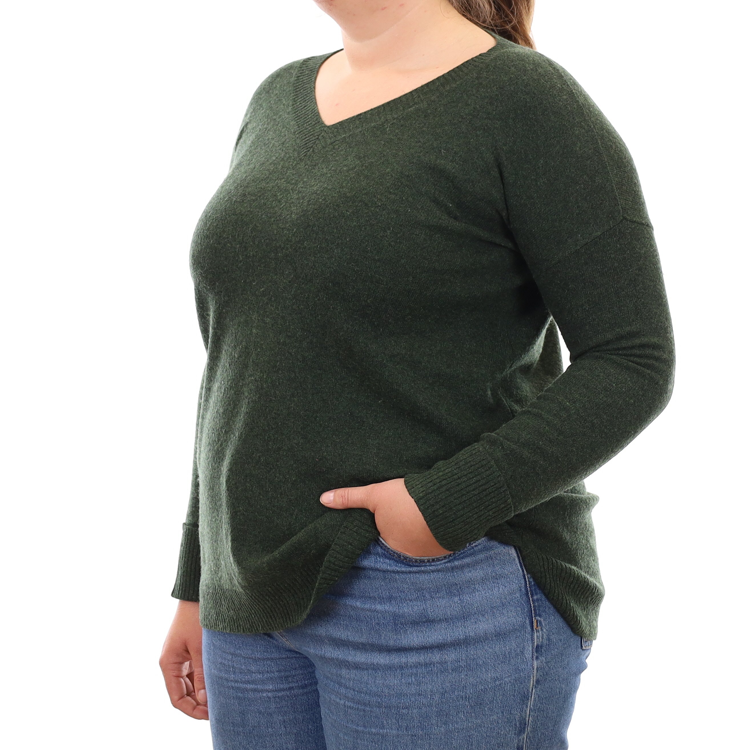 Deep Green Marl Cashmere V Neck Jumper Large