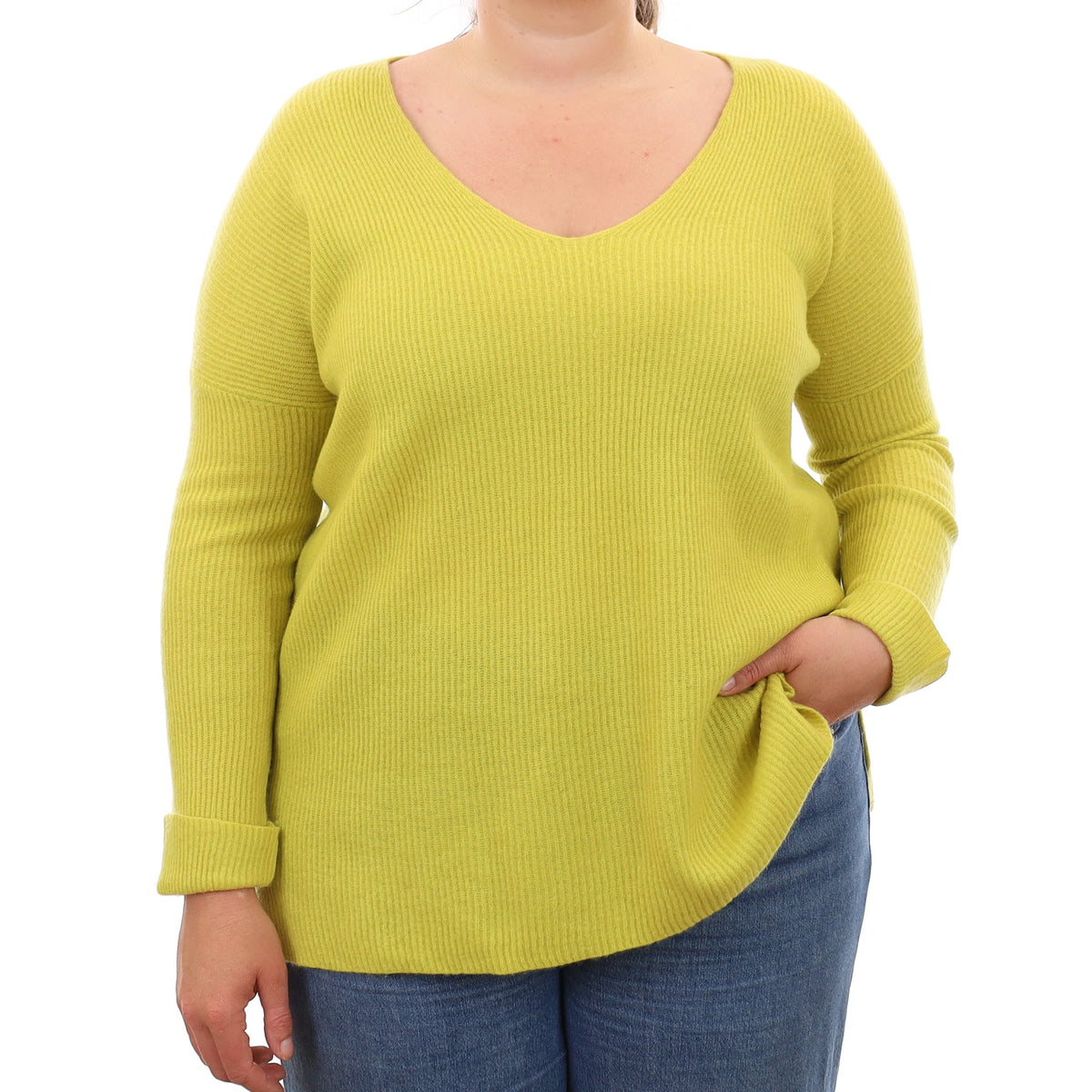 Neon Yellow Rib Cashmere V Neck Jumper Large