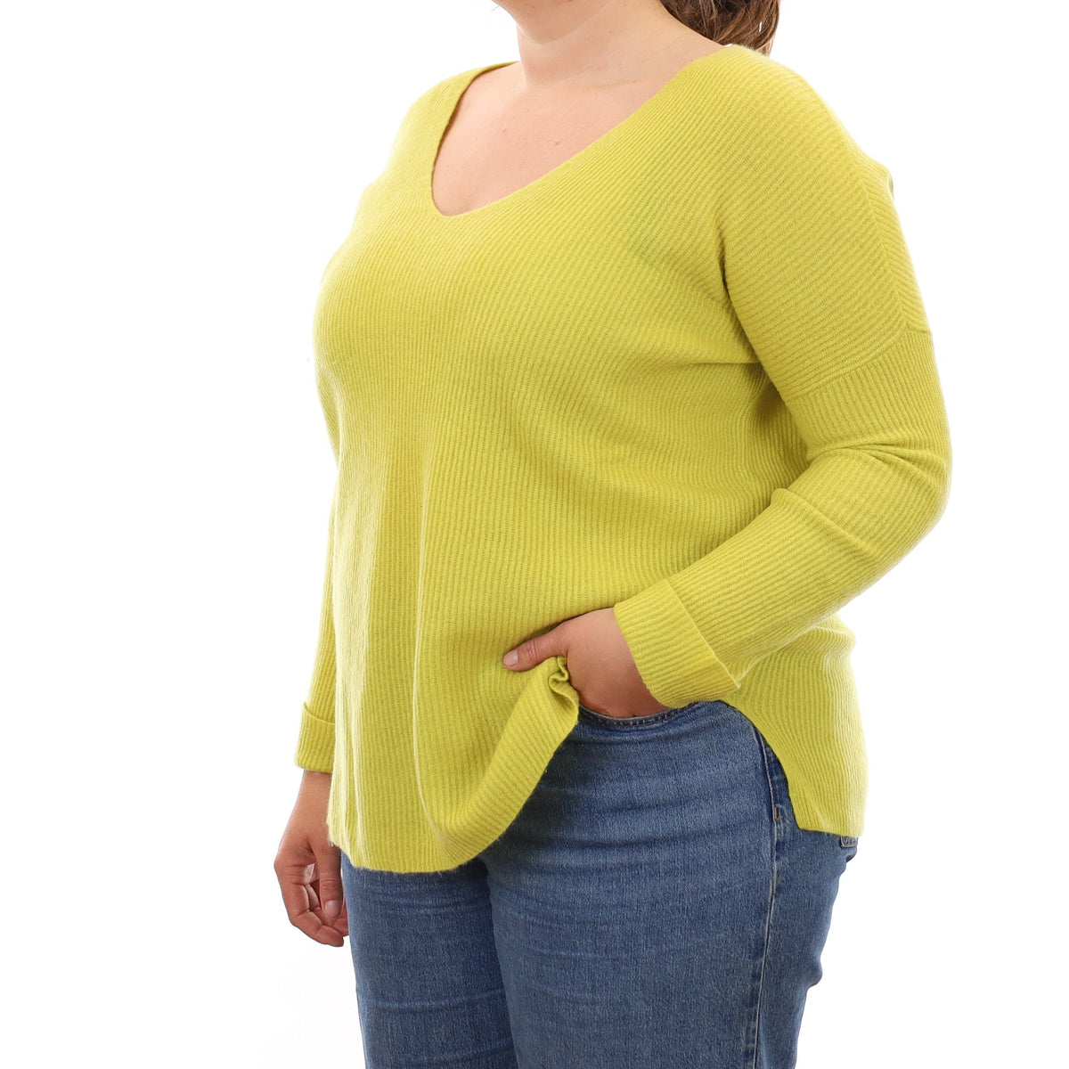 Neon Yellow Rib Cashmere V Neck Jumper Large