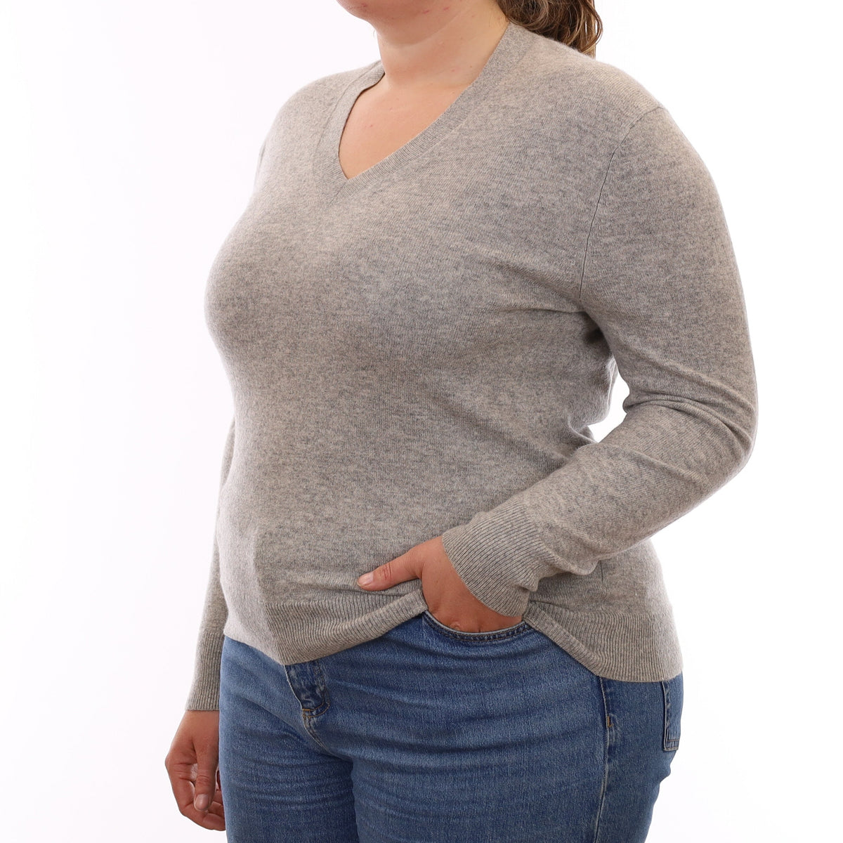 Smoke Grey Cashmere V Neck Jumper Large