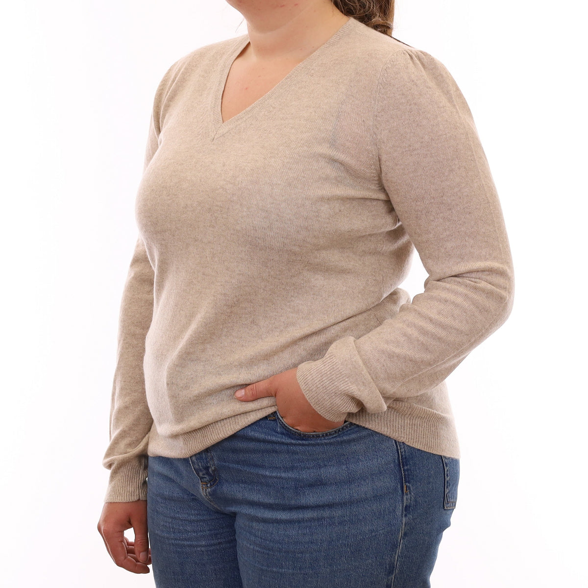 Oatmeal Lightweight Cashmere V Neck Jumper Large