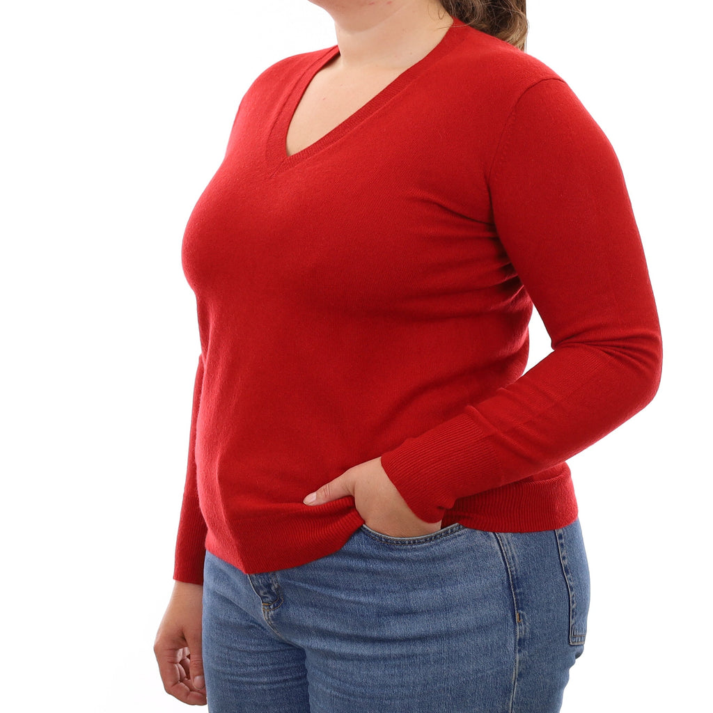 Scarlet Red Cashmere V Neck Jumper Large