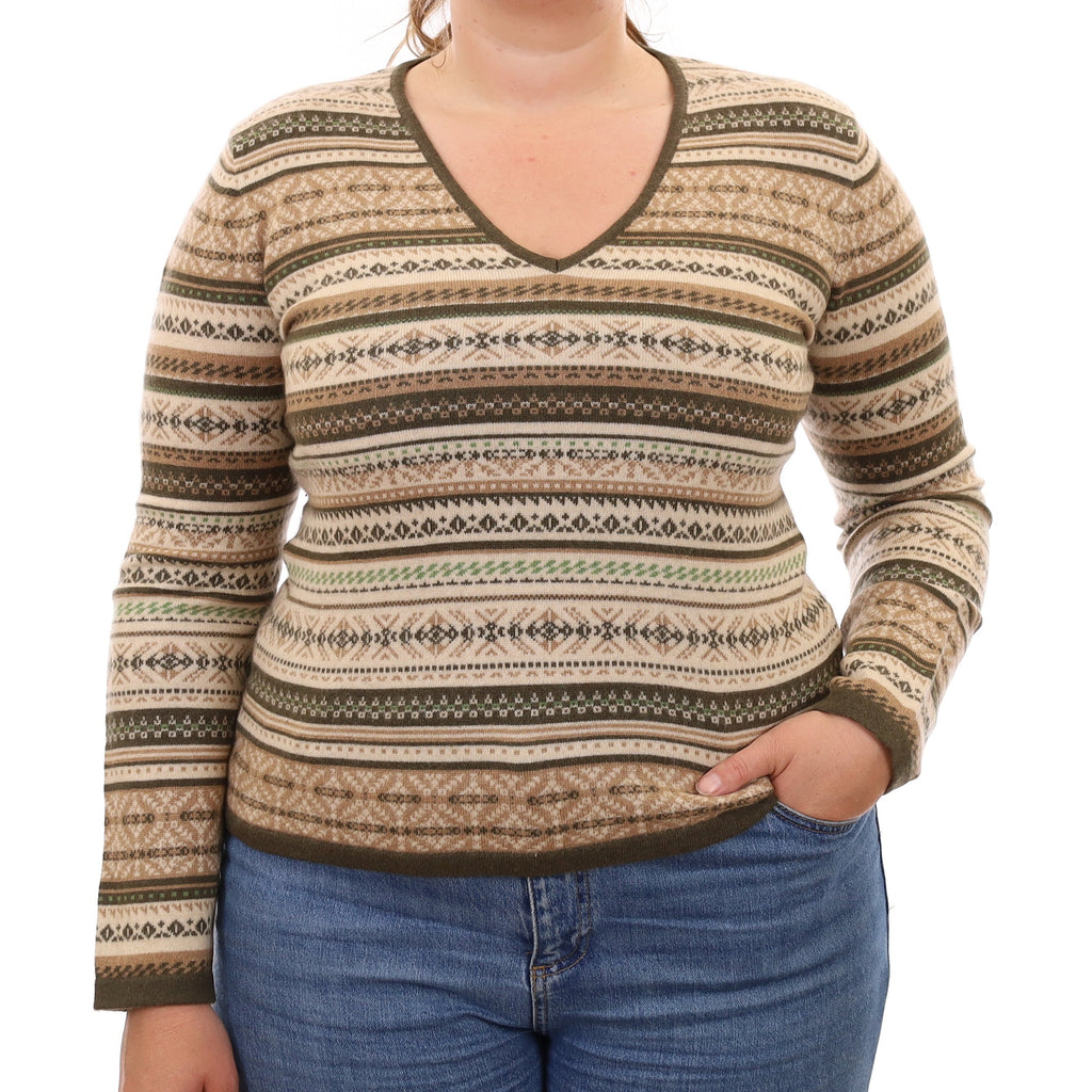Khaki Fair Isle Cashmere V Neck Jumper Large