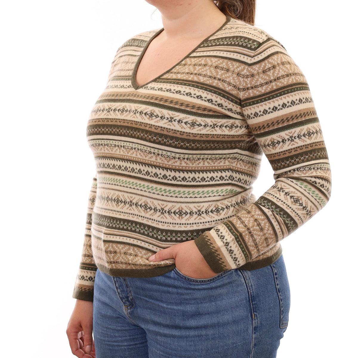 Khaki Fair Isle Cashmere V Neck Jumper Large