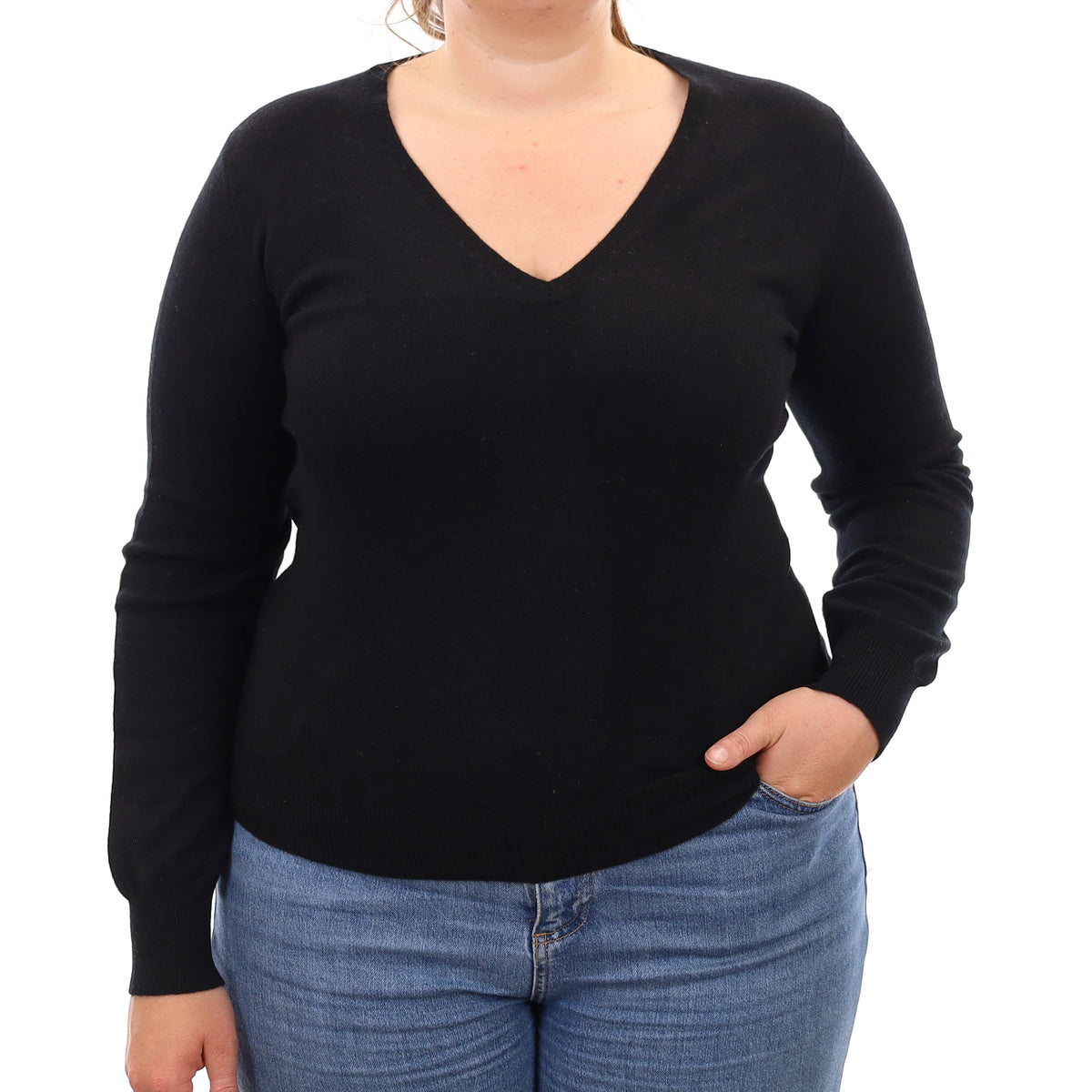 Black Cashmere V Neck Jumper Large