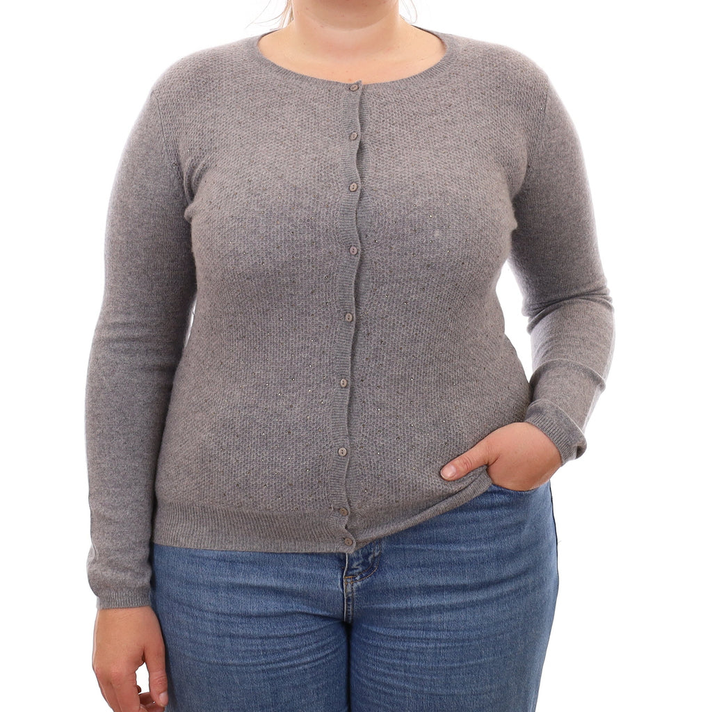 Ash Grey Diamanté Cashmere Crew Neck Cardigan Large