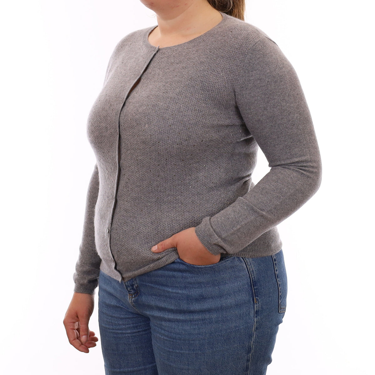 Ash Grey Diamanté Cashmere Crew Neck Cardigan Large