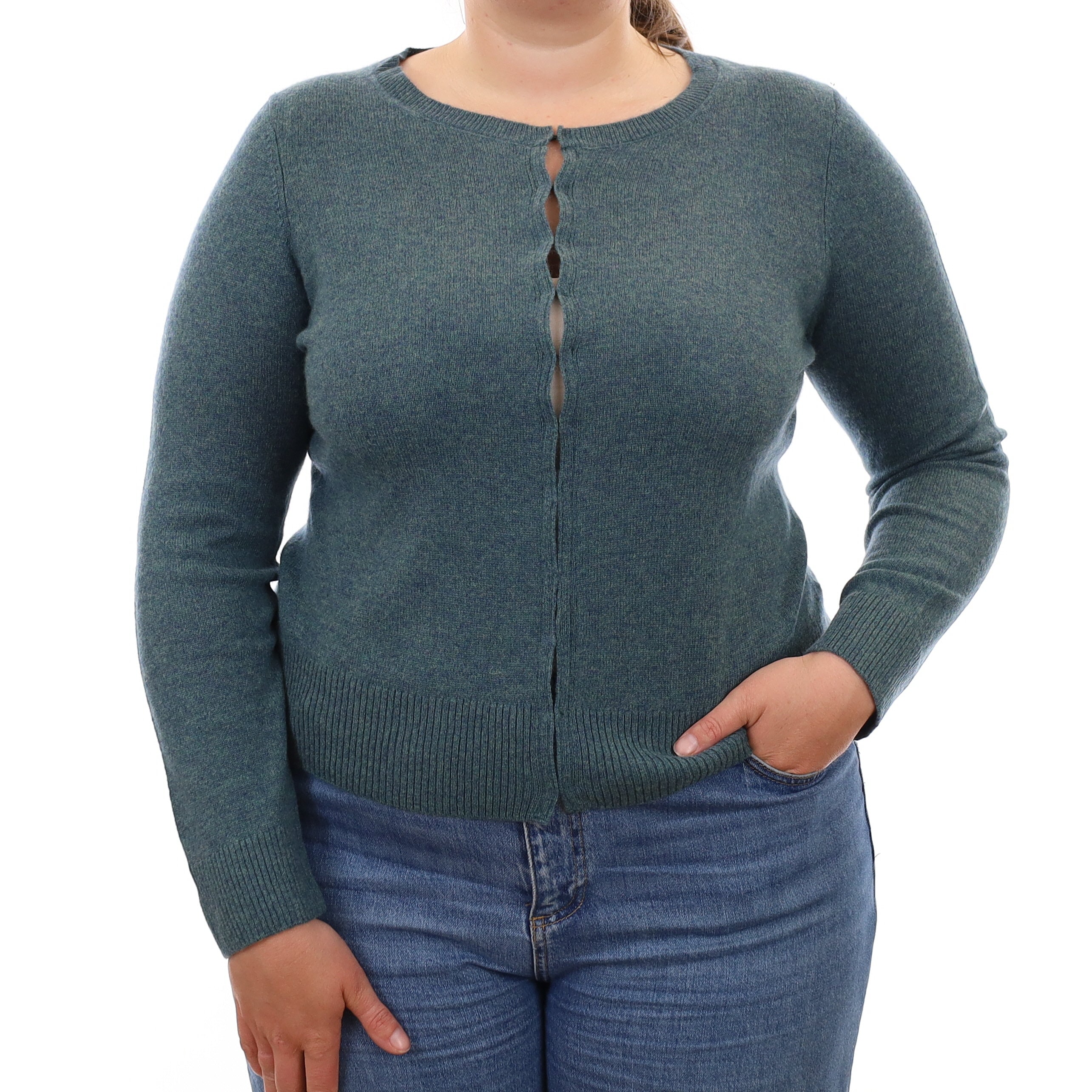 Teal Blue Marl Cashmere Crew Neck Cardigan Large