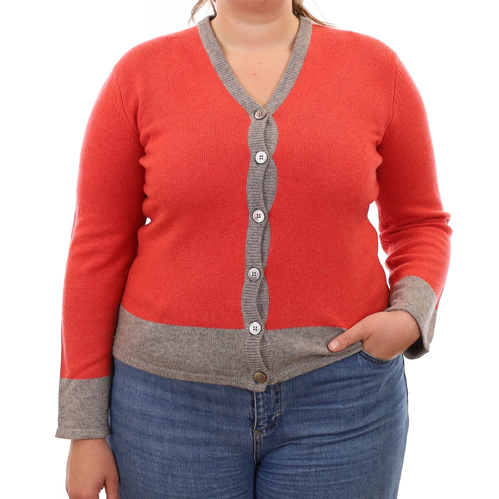Watermelon and Grey Heavy Knit Cashmere V Neck Cardigan Large