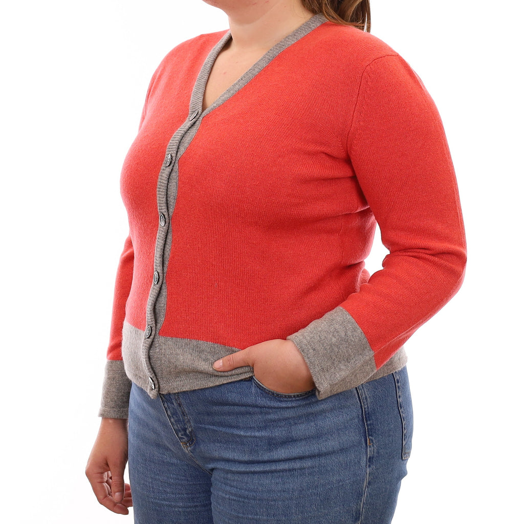 Watermelon and Grey Heavy Knit Cashmere V Neck Cardigan Large