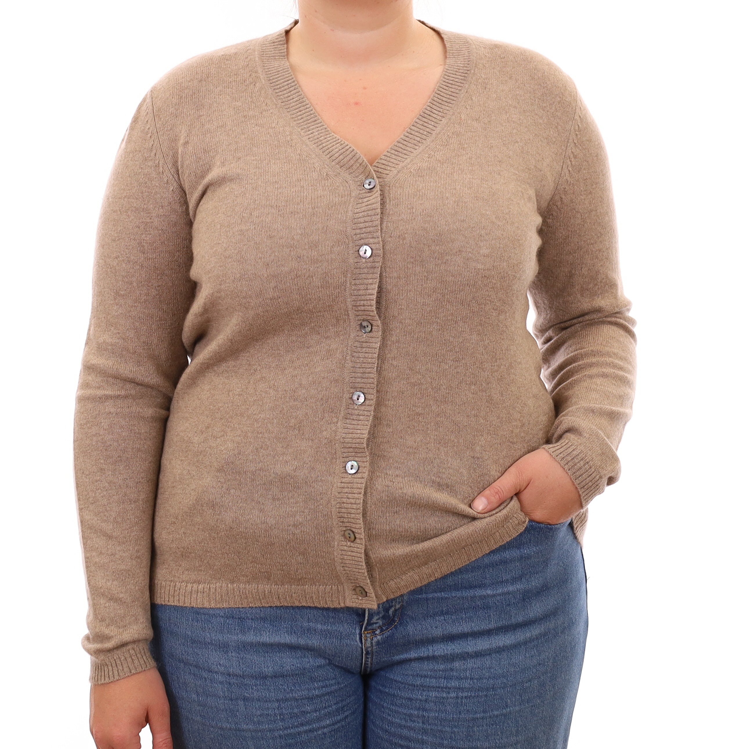 Taupe Brown Cashmere V Neck Cardigan Large