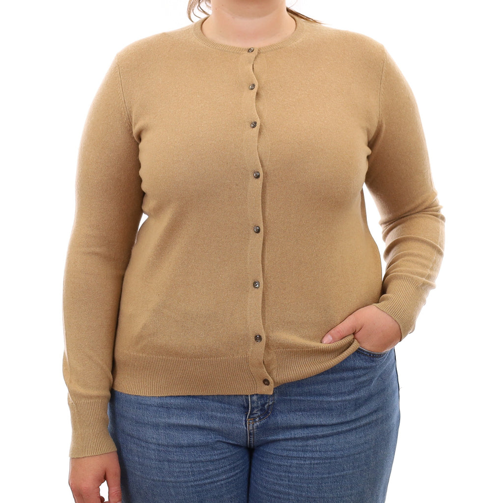 Camel Brown Cashmere Crew Neck Cardigan Large